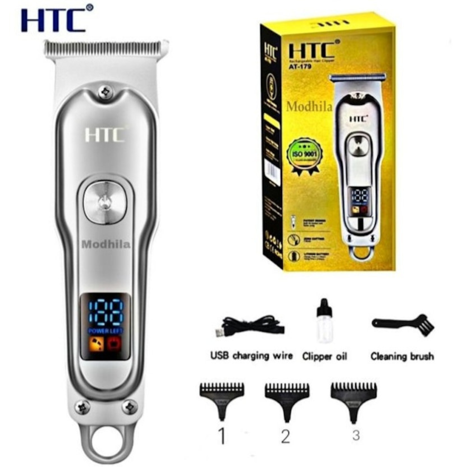 HTC Professional Hair Trimmer with LED Display, Rechargeable, 4 Guide Combs, Low Noise AT-179